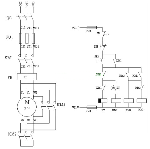 電機Y-△轉(zhuǎn)換控制的繼電器線路